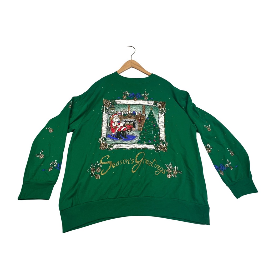 Holiday Time Green Santa Fireplace Christmas Sweatshirt XL Season's Greetings